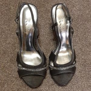 Pretty silver shimmer heels with rhinestone strap